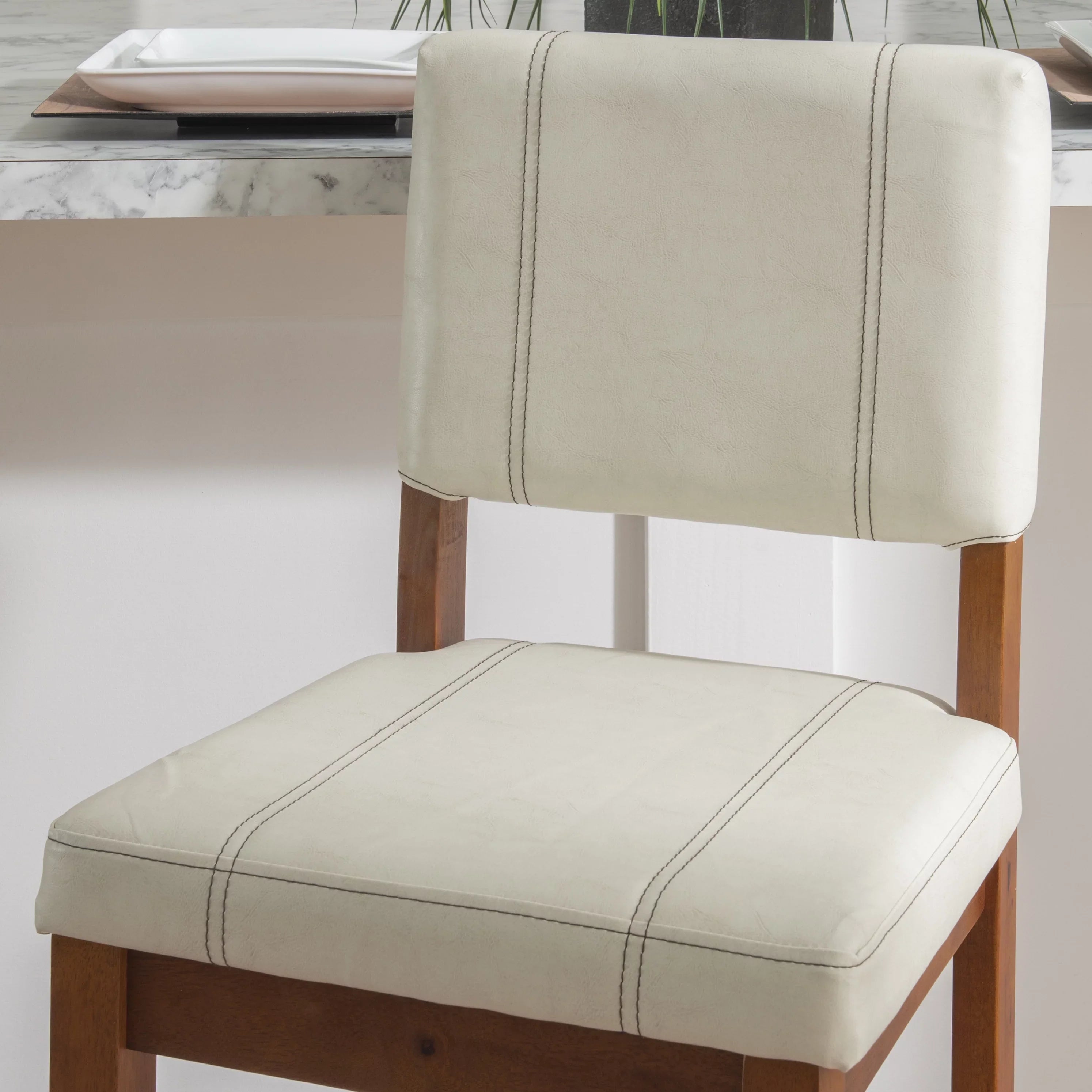 Linon Mulberry Padded Bar Stool, 30" Seat Height, Medium Dark Walnut Finish with Cream PVC Fabric