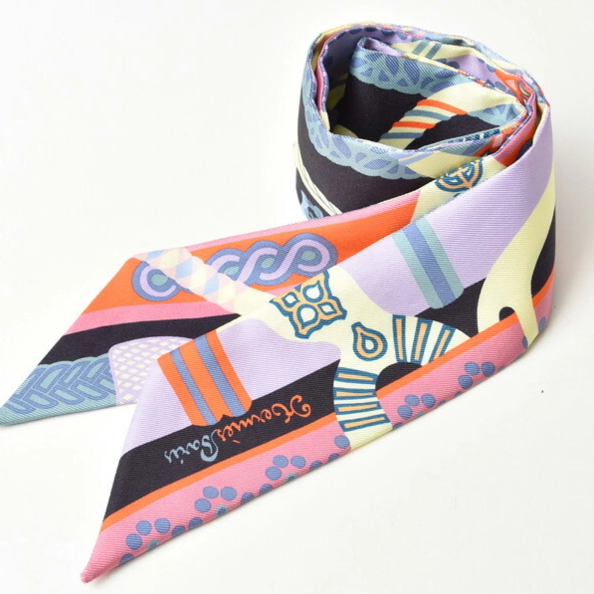 Pre-Owned Hermes Twilly Scarf Muffler HERMES Silk Twill Light Purple Orange Blue (Good)