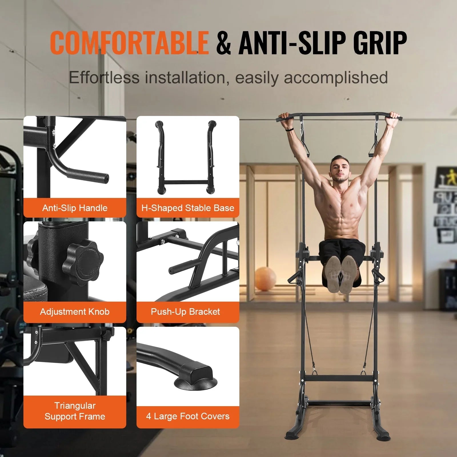 SKYSHALO Power Tower Dip Station, Heavy Duty Carbon Steel Frame Pull Up Bar Stand Power Rack w/ Backrest Elbow Pad, Height Adjustable Strength Training Equipment for Fitness Home Workout