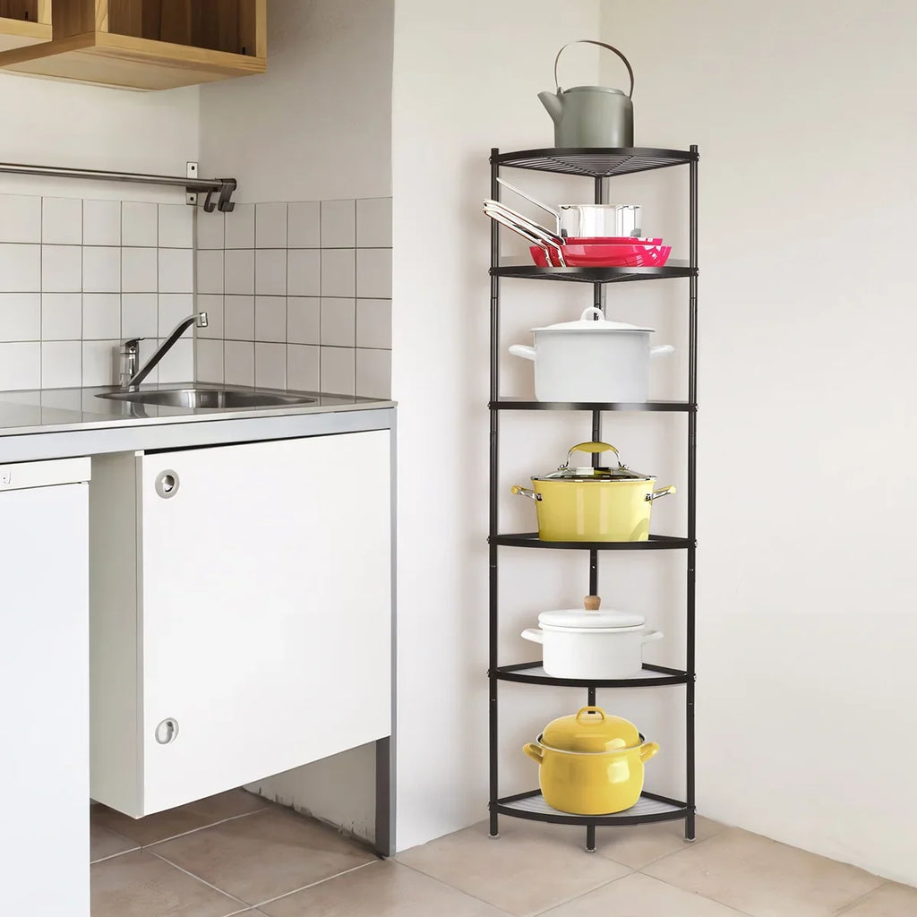 tonchean 6-Tier Carbon Steel Kitchen Corner Shelf Rack Free Standing Pot Rack Storage Organizer