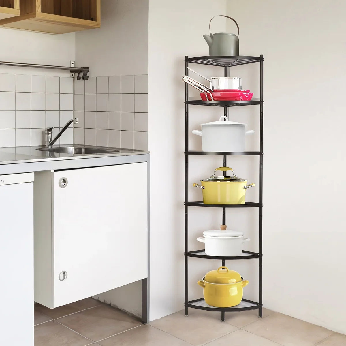 tonchean 6-Tier Carbon Steel Kitchen Corner Shelf Rack Free Standing Pot Rack Storage Organizer