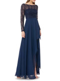 CARMEN MARC VALVO Womens Navy Lace Sequined Ruffled Long Sleeve Boat Neck Maxi Formal Dress 4