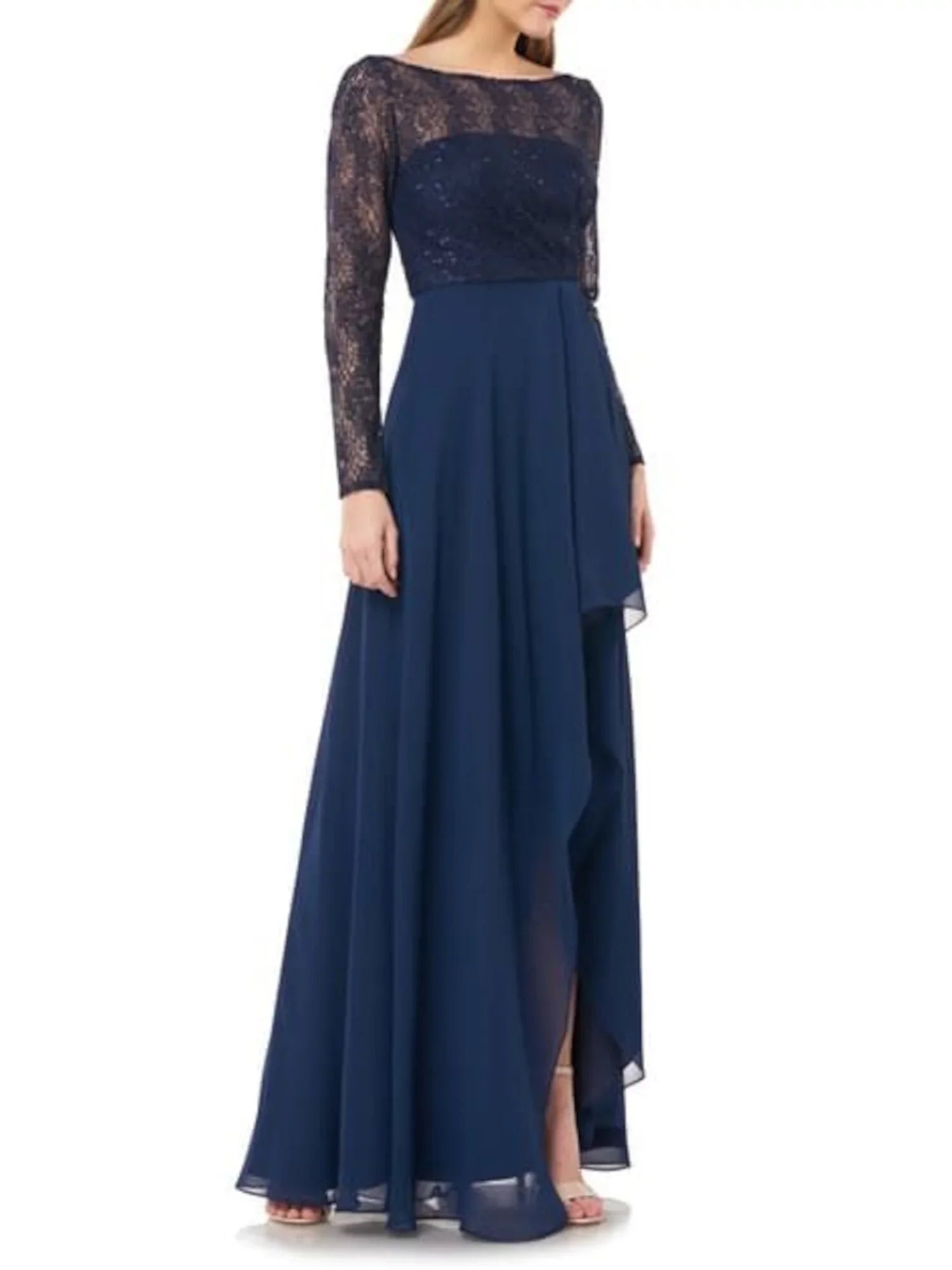 CARMEN MARC VALVO Womens Navy Lace Sequined Ruffled Long Sleeve Boat Neck Maxi Formal Dress 4