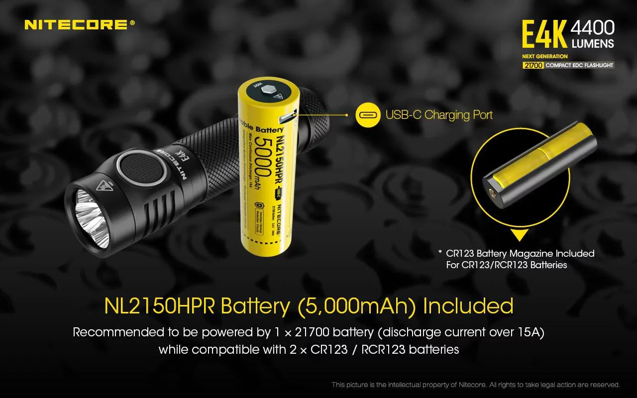 Combo: NITECORE E4K Flashlight -1x NITECORE 21700 Rechargeable Li-ion Battery Included w/Offset Mount