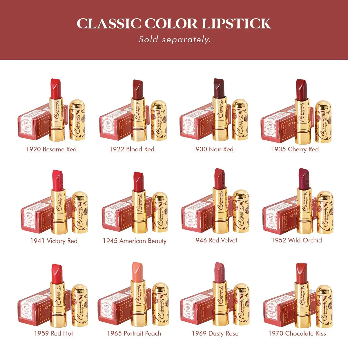 Besame Cosmetics Classic Color Lipstick, Noir Red, 0.8 Ounce