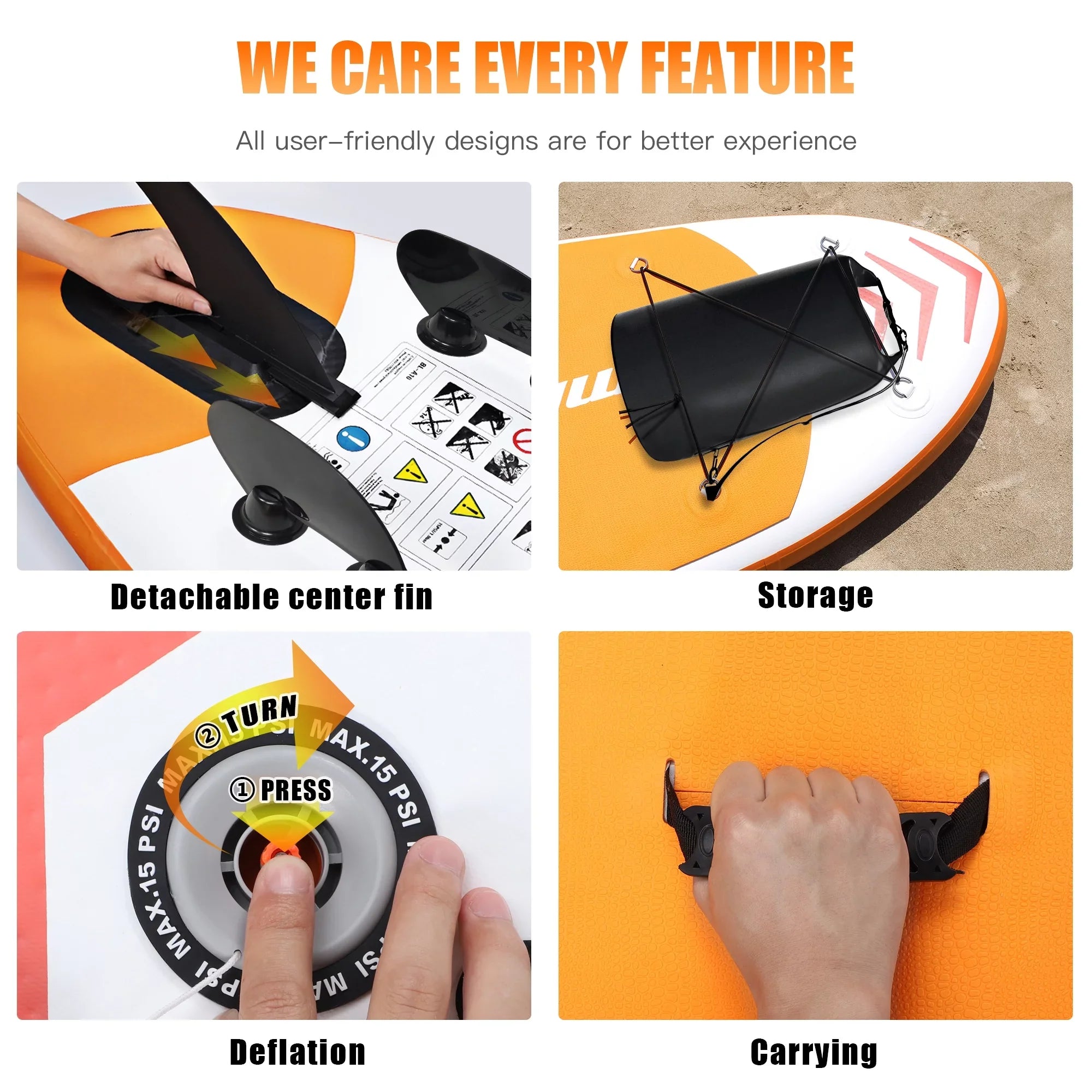 Famistar 10' Inflatable Stand Up Paddle Board (6"Thick) with SUP/ 3 Pins | Wide Stance, Bottom Fin for Paddling, Surf Control, Non-Slip Deck |Youth & Adult Standing Boat-Orange