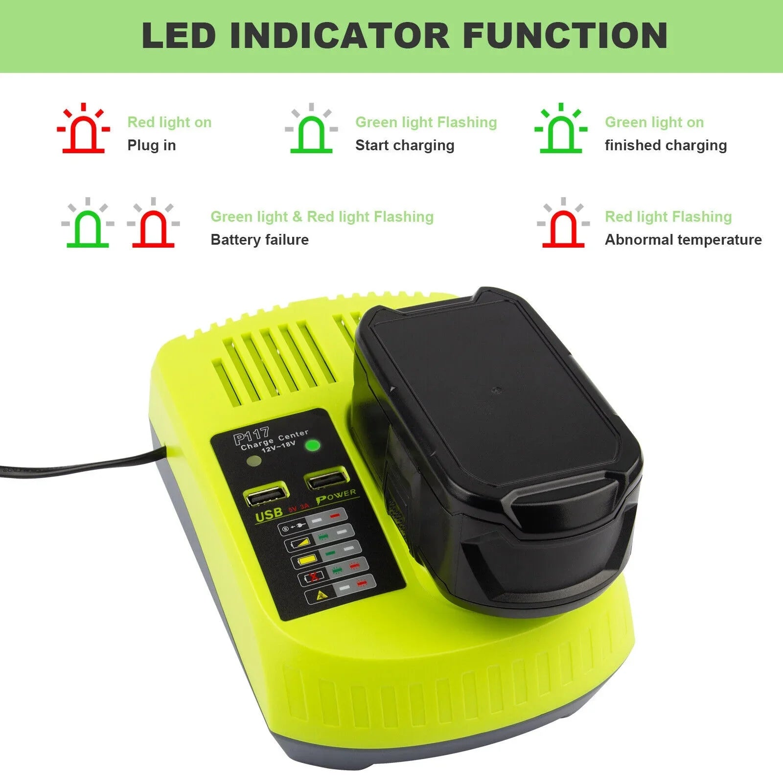 P117 Battery Charger For RYOBI 18V High Capacity 18Volt Lithium-Ion P108 P106 US