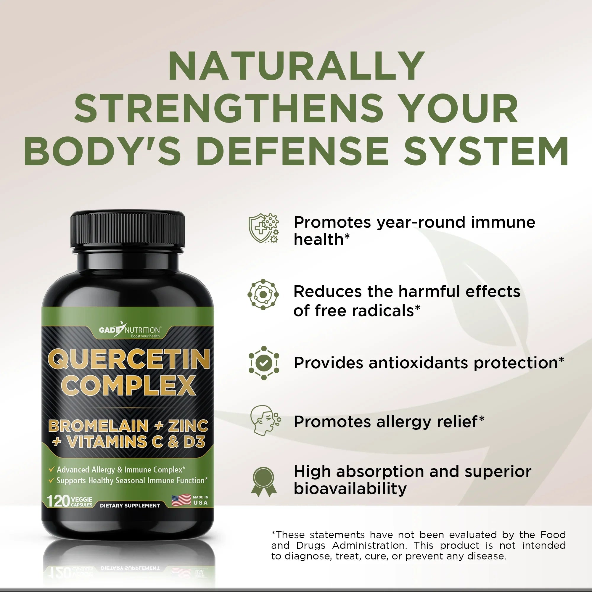 Quercetin Complex with Bromelain, quercetin supplements 500mg, with Vitamin C and Zinc, Bioflavonoids for Healthy Immune Support, vitamin D3, zinc quercetin, Third Party Tested.