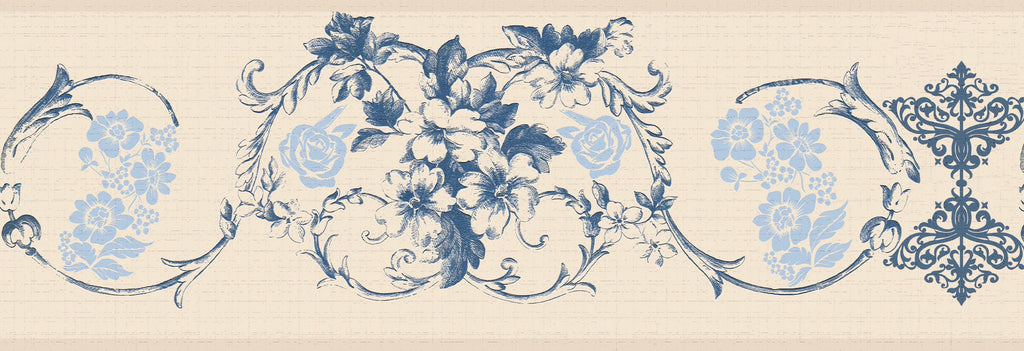 Dundee Deco's Peel and Stick Wallpaper Border - Damask Blue Vines Flowers Scrolls Wall Border Retro Design, 15 ft x 7 in, Self Adhesive