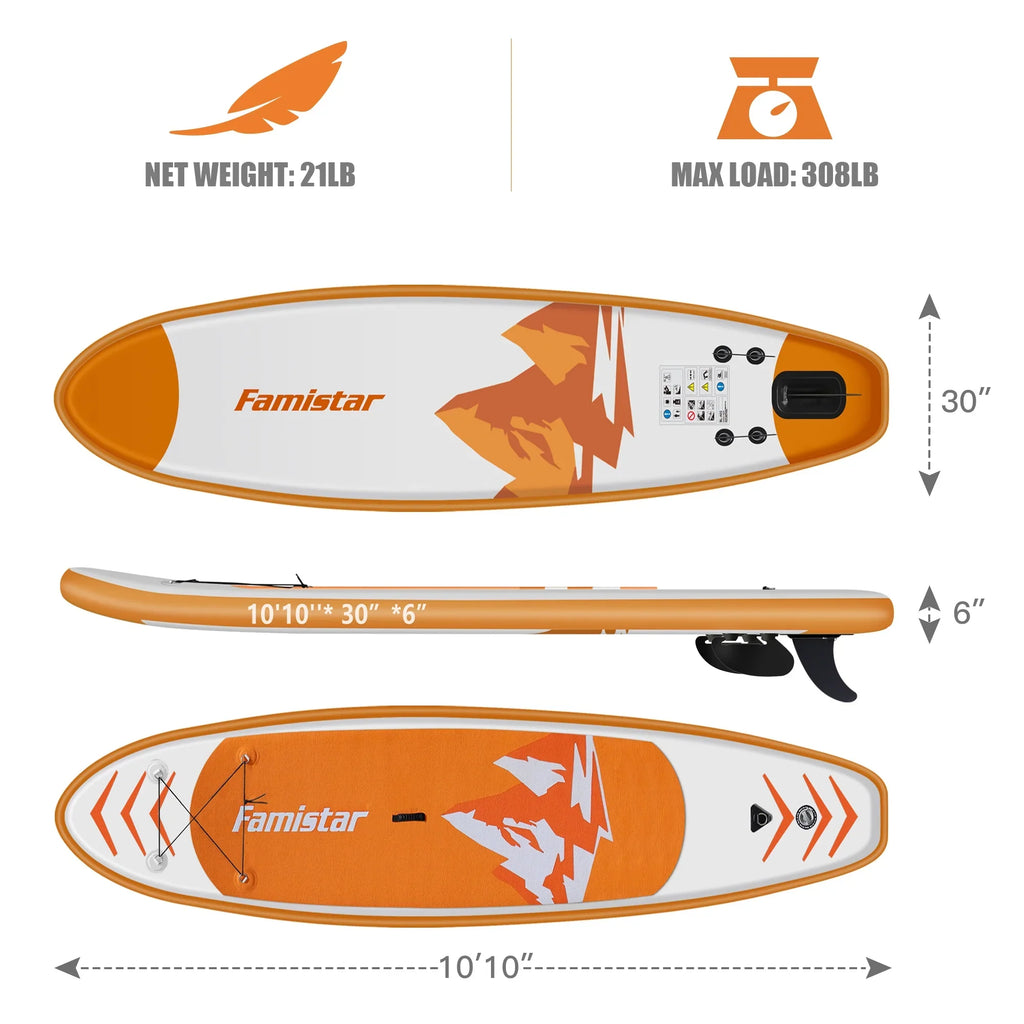 Famistar 10' Inflatable Stand Up Paddle Board (6"Thick) with SUP/ 3 Pins | Wide Stance, Bottom Fin for Paddling, Surf Control, Non-Slip Deck |Youth & Adult Standing Boat-Orange