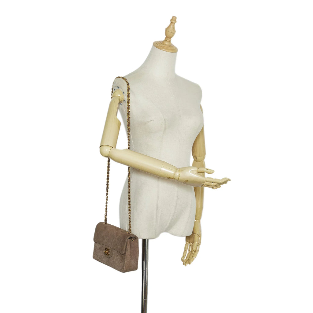 Pre-Owned Authenticated Chanel Classic Mini Square Single Flap Suede Leather Brown Crossbody Bag Unisex (Good)