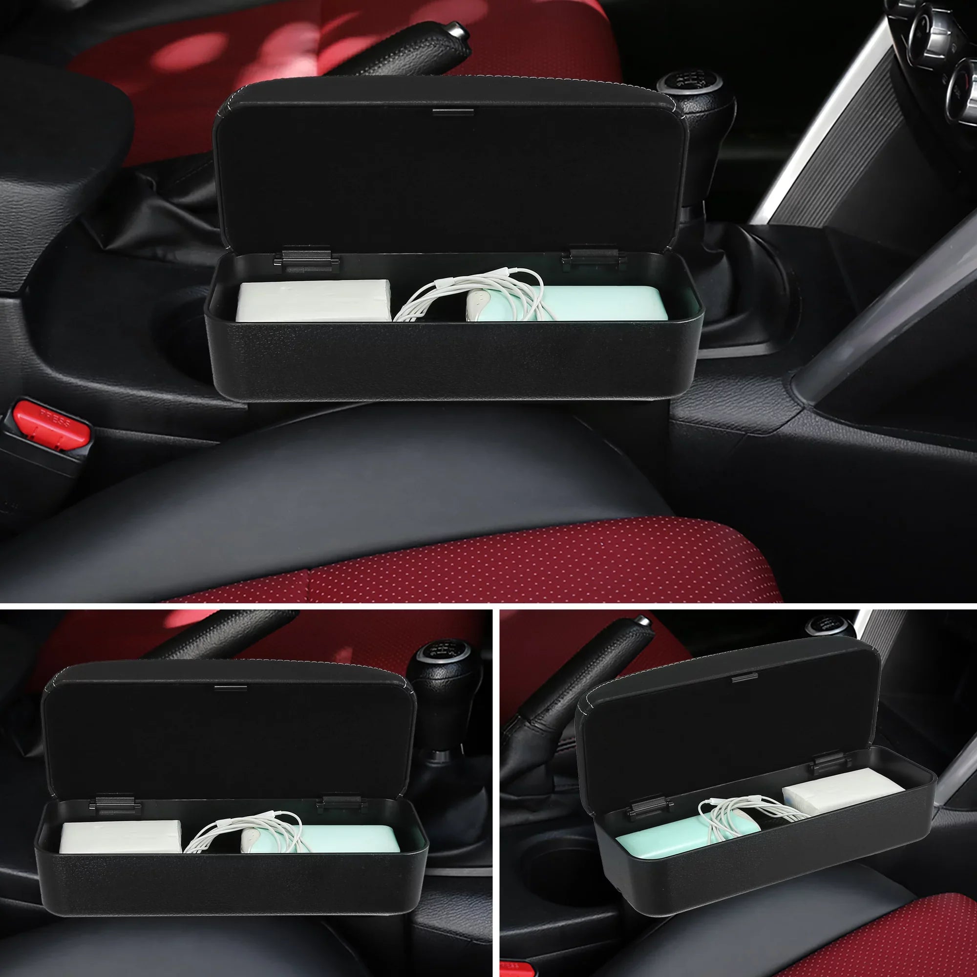 Car Center Armrest Box Seat Gap Adjustable Armrest Storage Organizer Box Armrest Black PU Leather with White Line