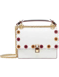 New Fendi Kan I White Multi Color Flowers Leather Chain Bag