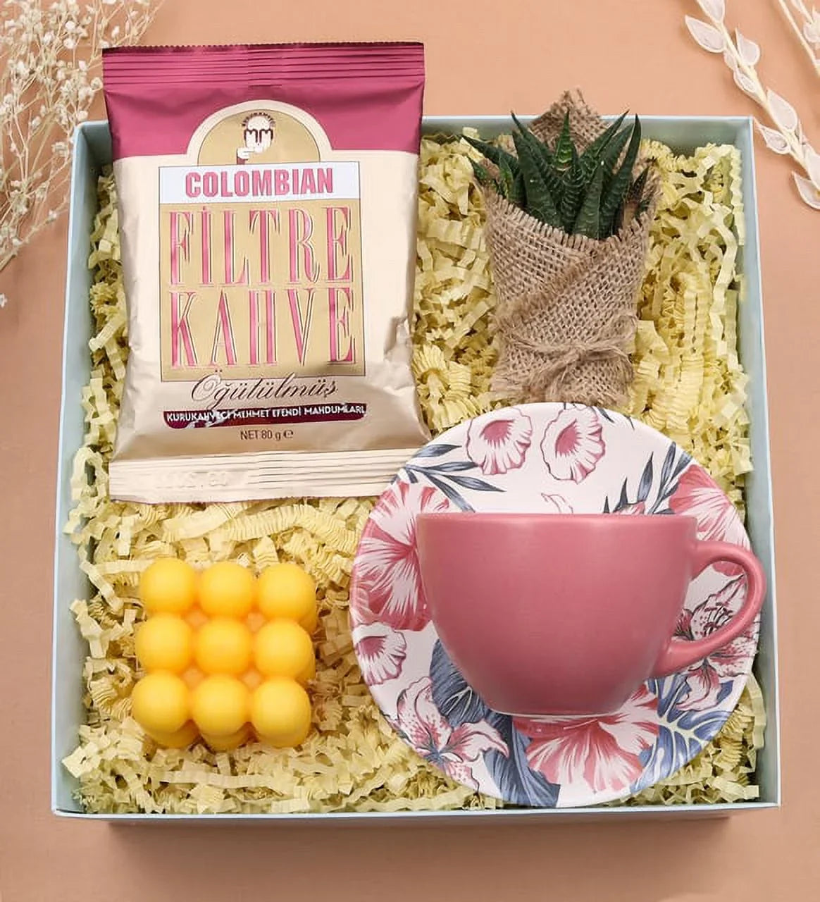 Pink Cup & Mehmet Efendi Colombian Filter Coffee & Live Sukulent Flower & Orange Bubble Candle Gift Set