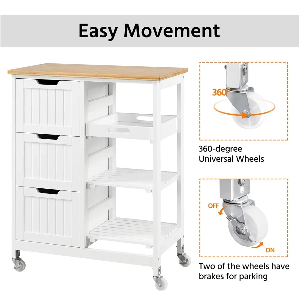 Easyfashion 33" H Storage Serving Cart with 3 Drawers for Kitchen Bar, White