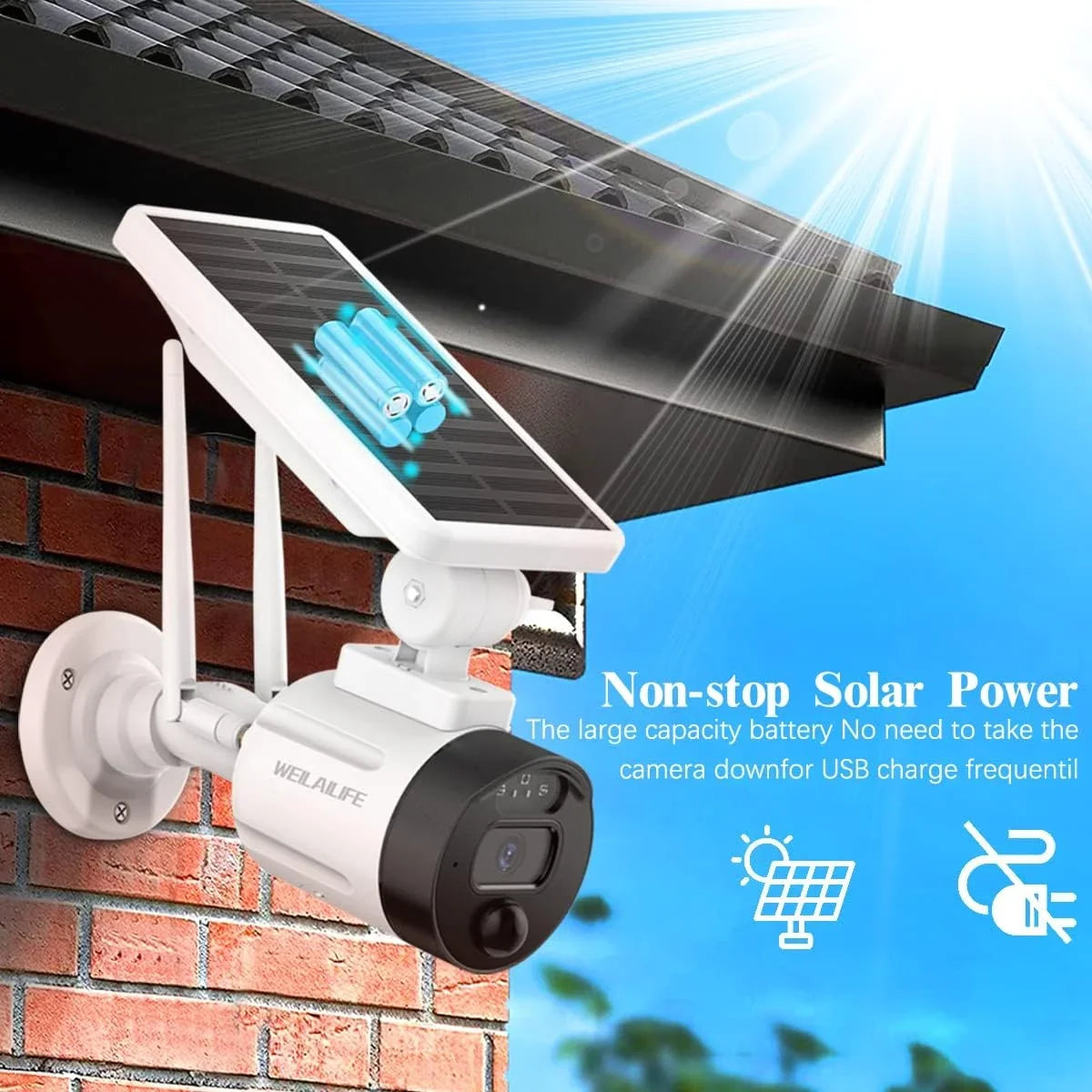 WEILAILIFE 2K Wireless Wi-Fi Solar Security Camera, Outdoor Rechargeable Battery Surveillance Camera with Solar Panel, AI Detection, Night Vision, Dual Antenna (2 Pack)