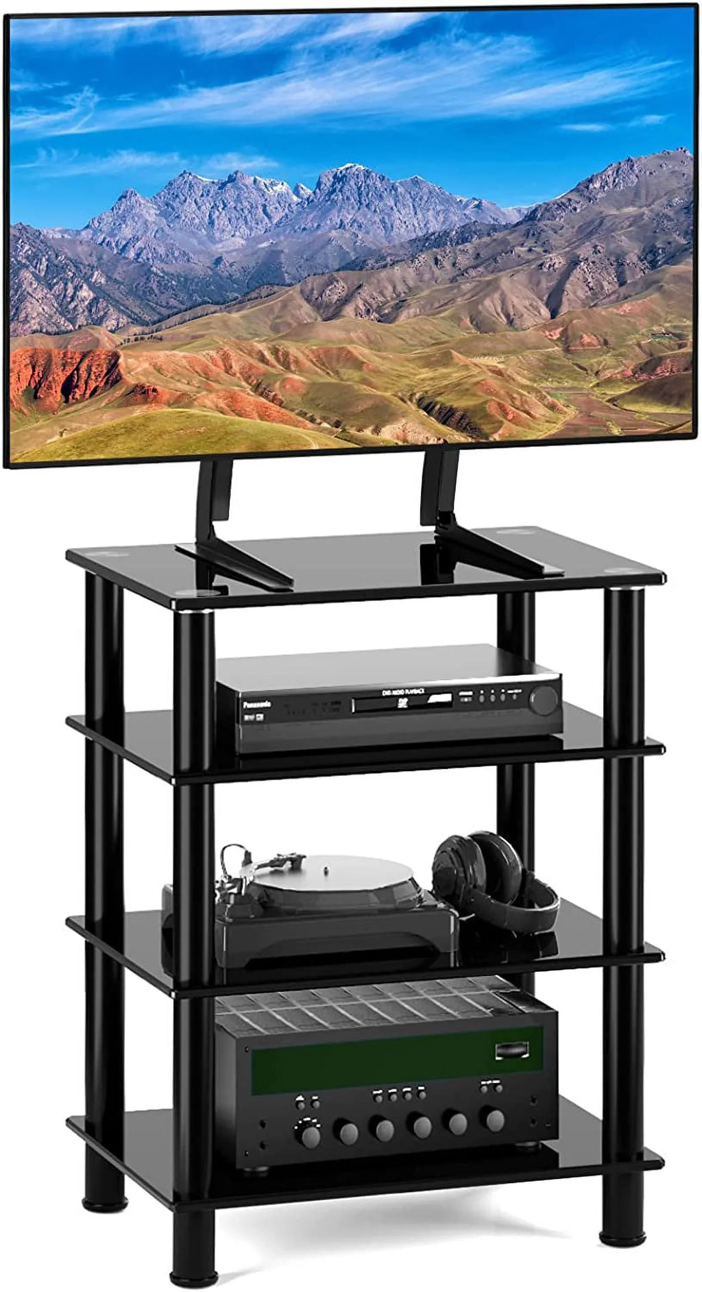 4-Tiers Media Compontent TV Stand Video Tower Tempered Glass Shevles for TV, Gaming Consoles, Media Component, Streaming Device