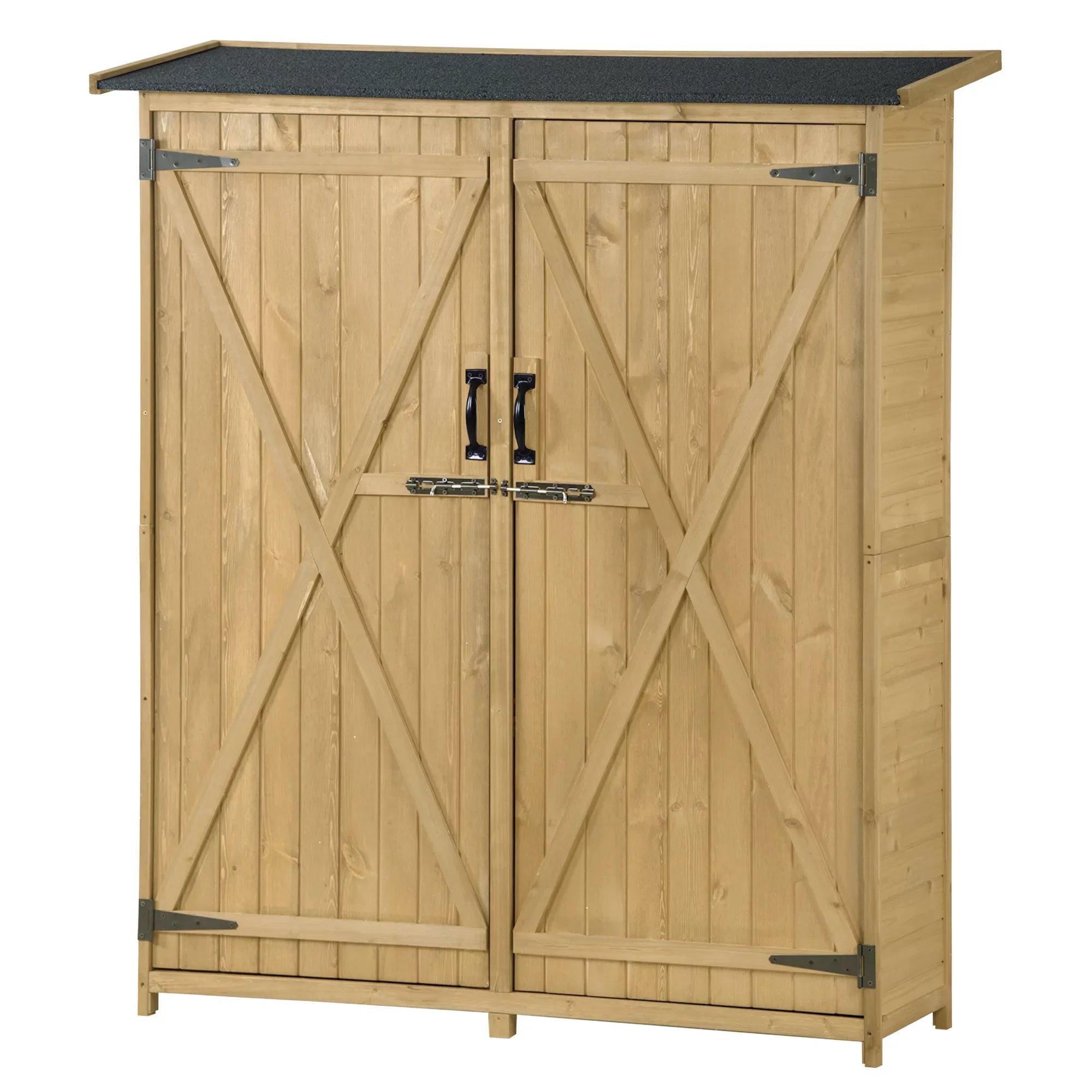Outdoor 5.3ft Hx4.6ft L Wood Storage Shed Tool Organizer,Garden Shed, Storage Cabinet with Fluid Asphalt Roof, Double Lockable Doors, 3-tier Shelves for Backyard, Natural