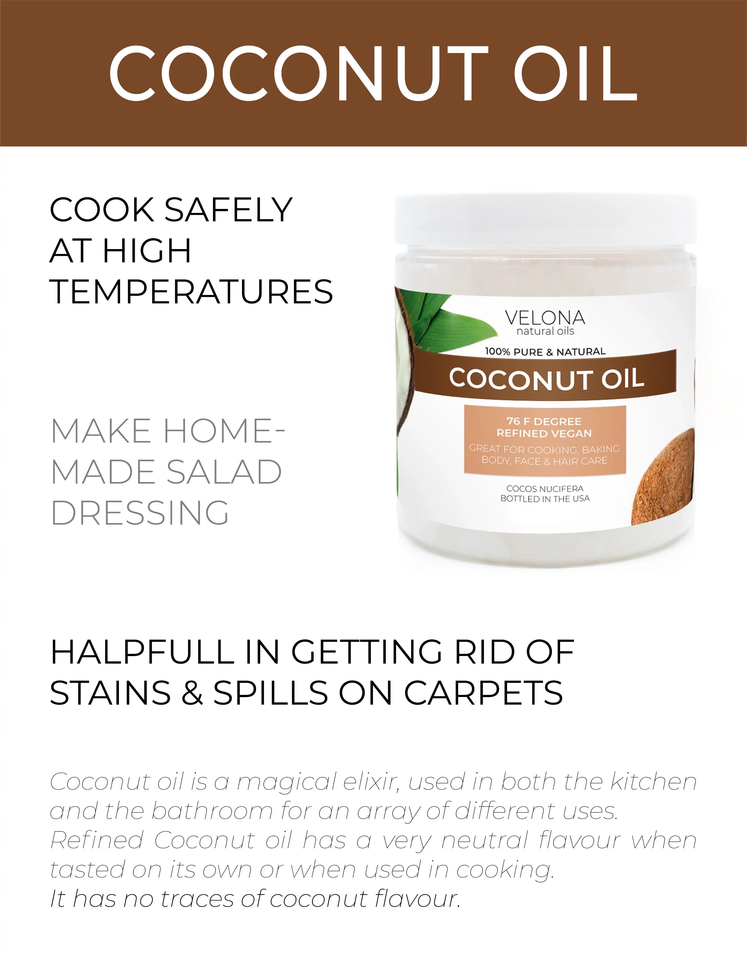 Velona Coconut Oil 76 Degree - 24 oz | 100% Pure and Natural Carrier Oil | in jar | Refined, Cold pressed | Skin, Face, Body, Hair Care