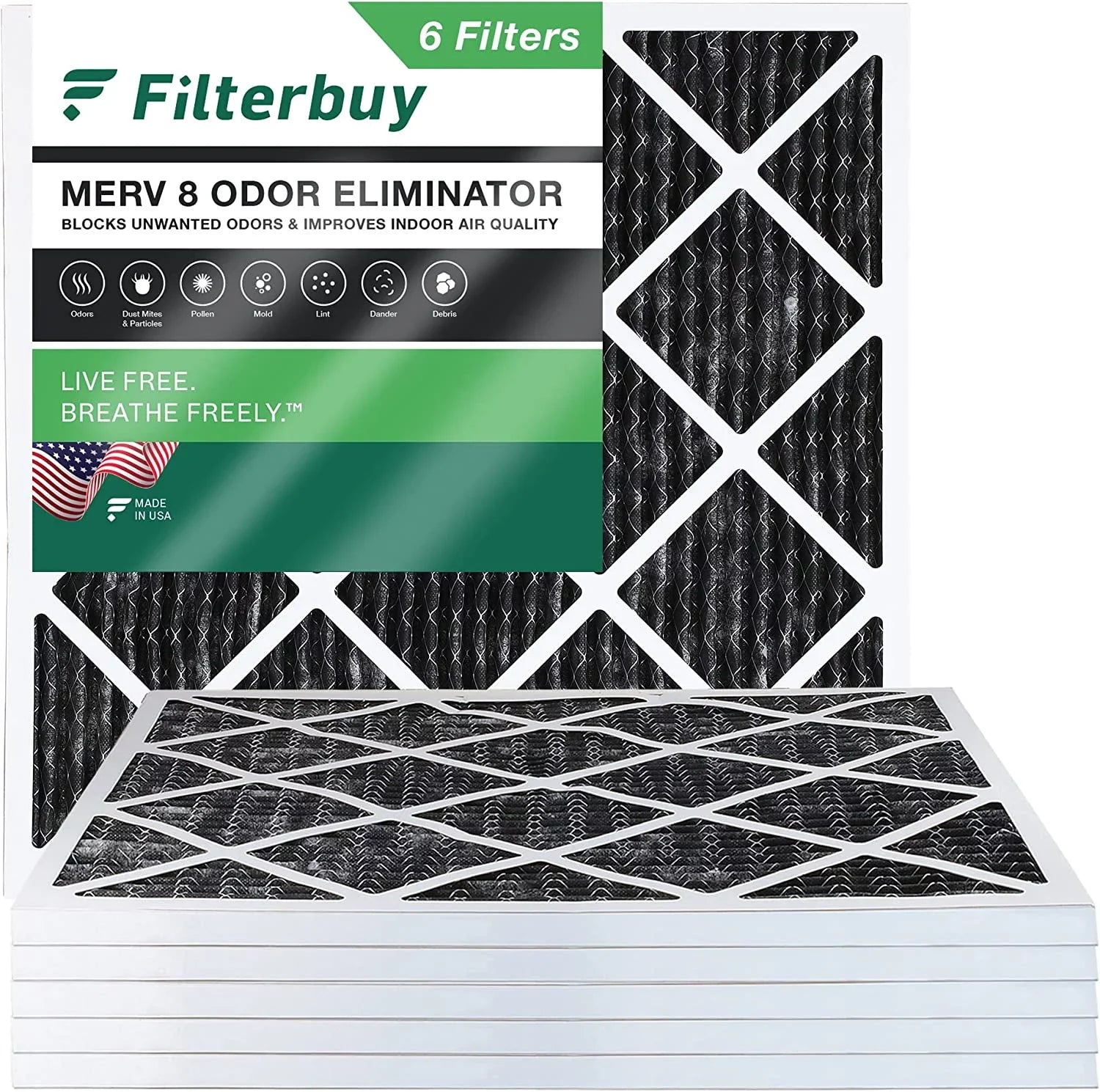 Filterbuy 18x18x1 MERV 8 Odor Eliminator Pleated HVAC AC Furnace Air Filters with Activated Carbon (6-Pack)