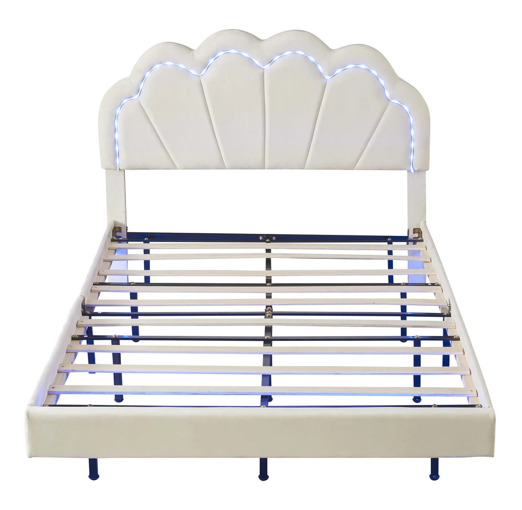 Cosymart Full Upholstered Smart LED Bed Frame with Elegant Flowers Headboard， Floating Velvet Platform LED Bed with Wooden Slats Support， Beige