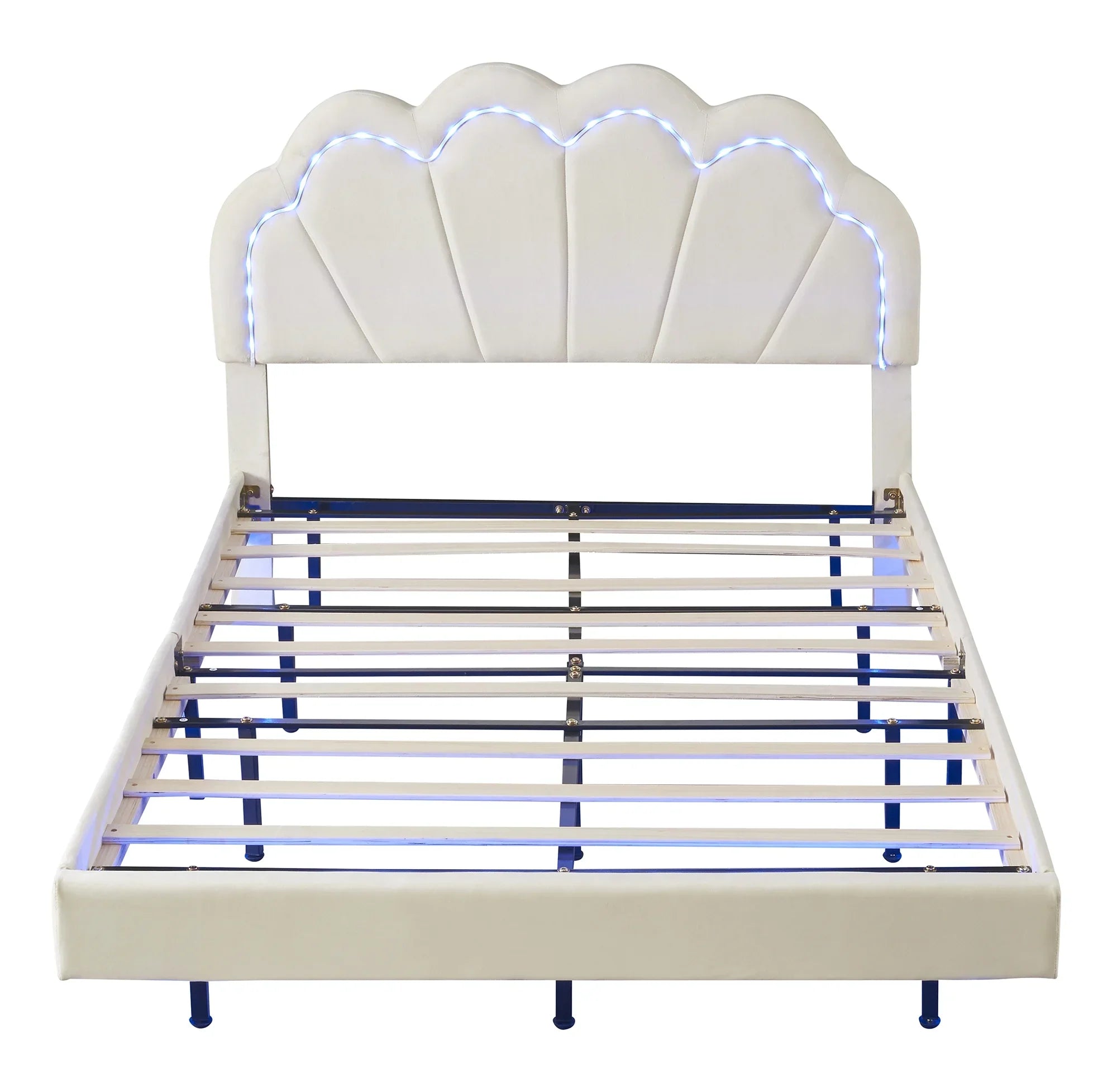 Cosymart Full Upholstered Smart LED Bed Frame with Elegant Flowers Headboard， Floating Velvet Platform LED Bed with Wooden Slats Support， Beige