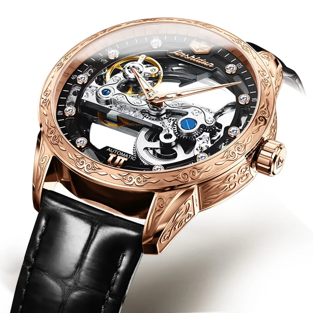 Men's Automatic Mechanical Transparent Skeleton Luminous Watch Rose Black