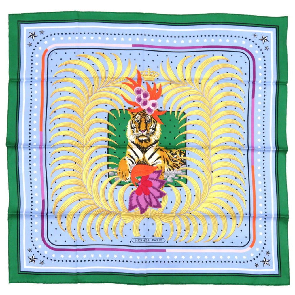 Pre-Owned Hermes King's Tiger Fururi Scarf Muffler Silk Green Blue (Like New)