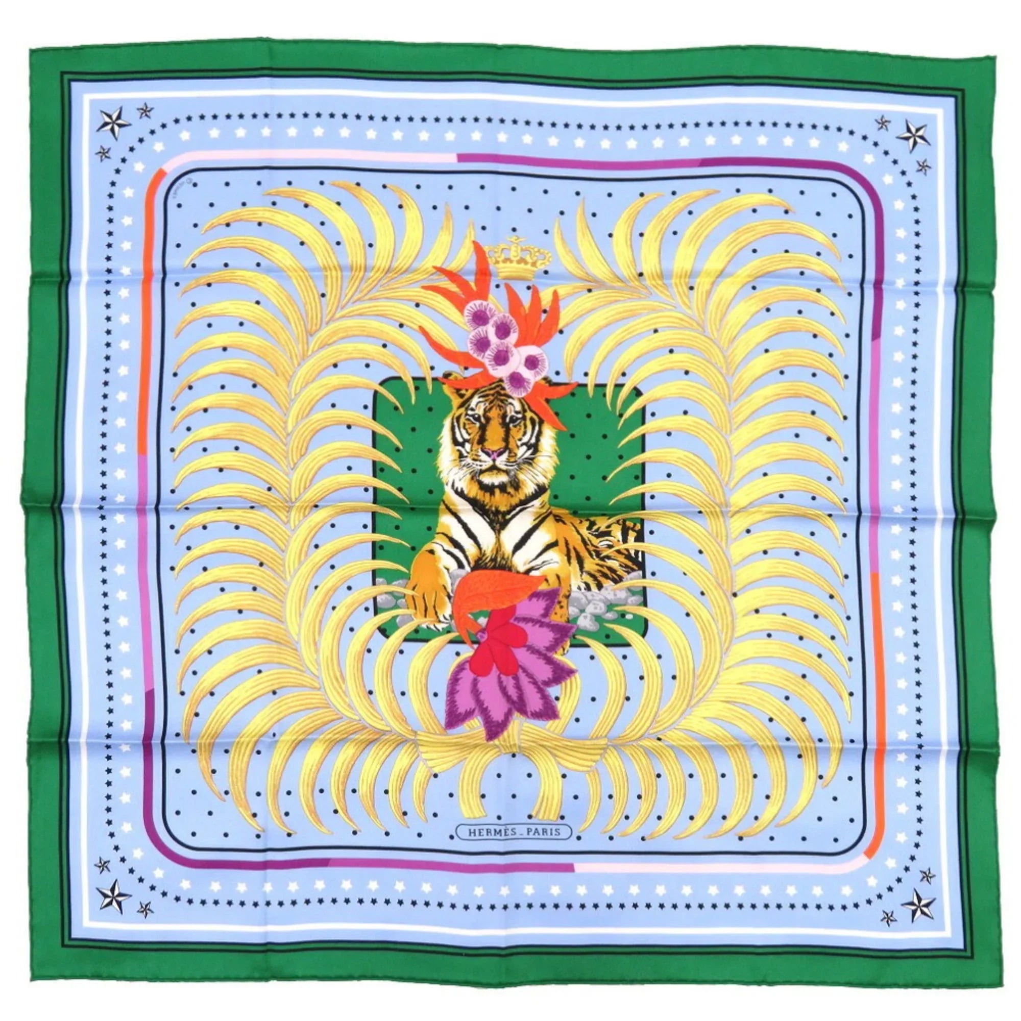 Pre-Owned Hermes King's Tiger Fururi Scarf Muffler Silk Green Blue (Like New)