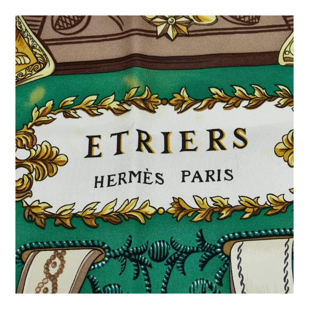 Pre-Owned Hermes Carre 90 ETRIERS Stirrup Pattern Horse Tack Scarf Muffler Green Multicolor Silk Ladies HERMES (Fair)