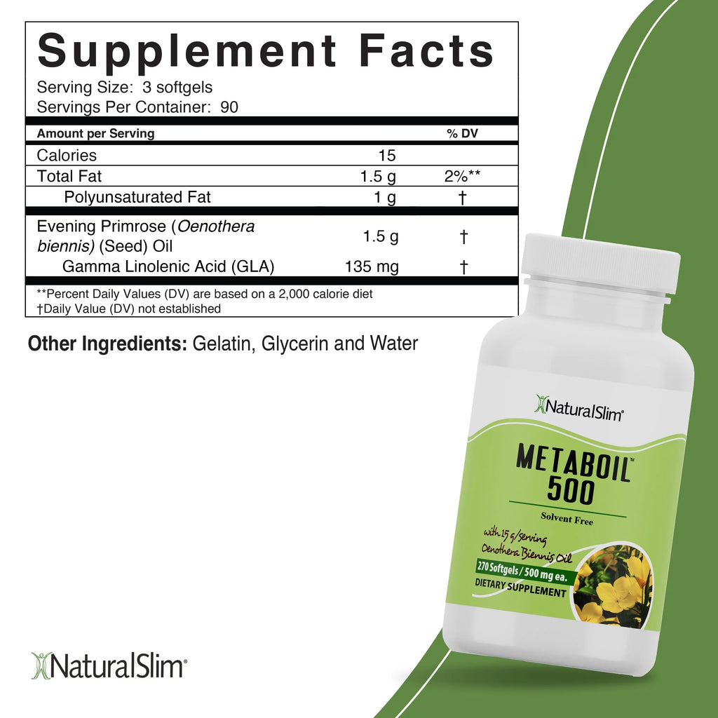 NaturalSlim Metaboil 500 w/ Evening Primrose Oil & GLA (Gamma-Linolenic Acid) -250 Softgels