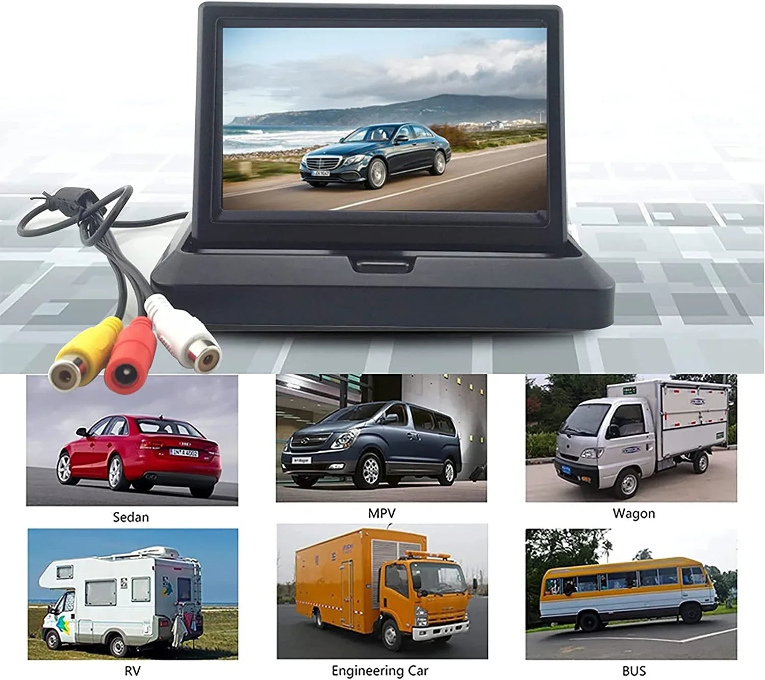 5 inch Foldable TFT LCD Backup Camera Monitor only Rear View Reverse Display Monitor V1/V2 Two Video Input, 12V/24V