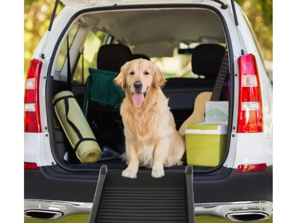 Portable Folding Dog Car Ramp, Pet Ramp Stairs Step Ladder for Large Dogs with Siderails, Non-Slip, Supports 150 lb, Easy Storage, Foldable for Truck, SUV, Bed, Boat