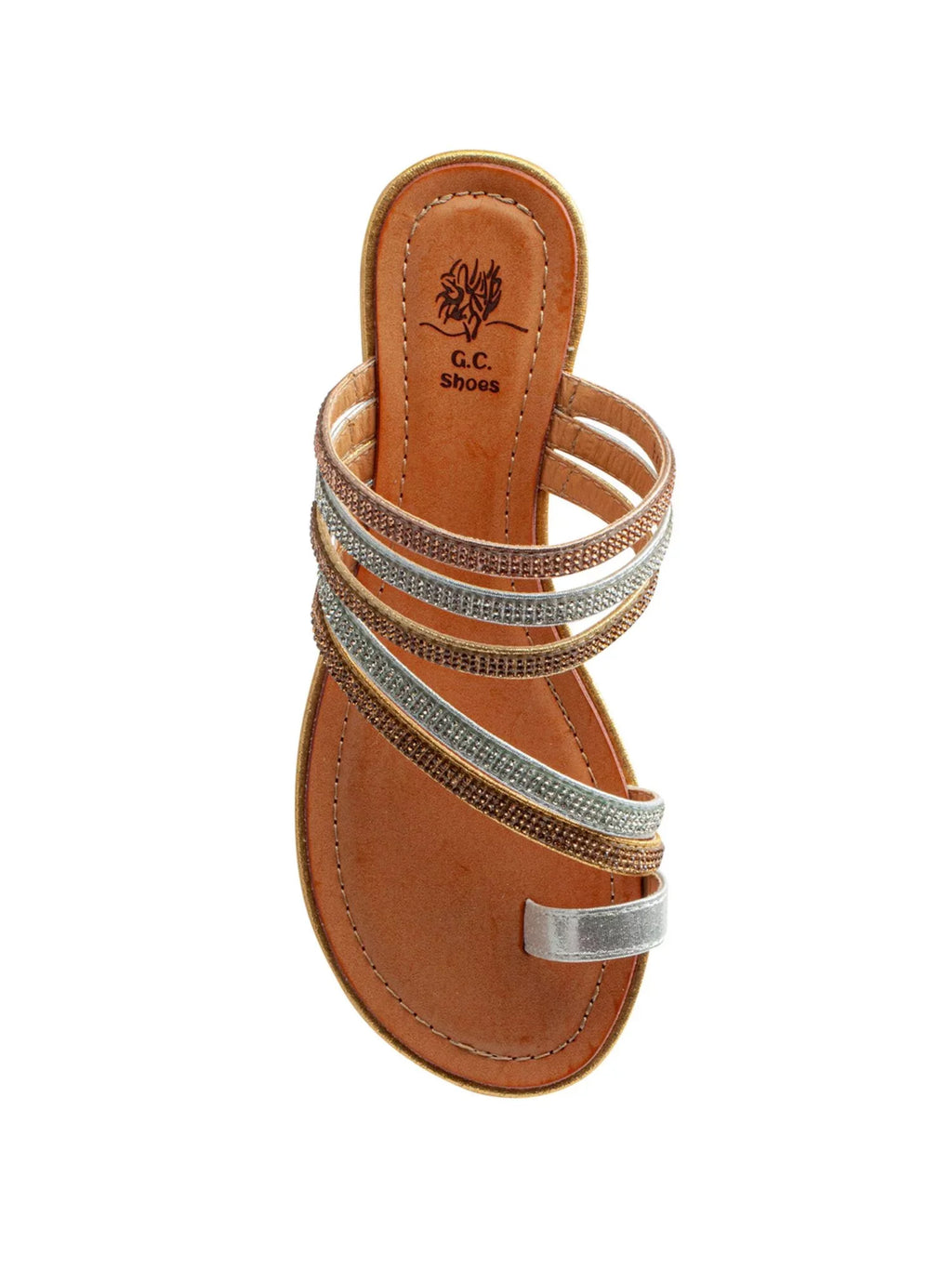 G.C. SHOES Womens Gold Strappy Toe-Loop Rhinestone Padded Harmonie Round Toe Wedge Slip On Slide Sandals 9