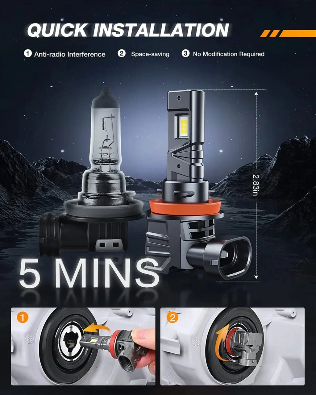Nilight H11/H9/H8 LED Headlight Bulbs ES1 Series 80W 16000LM 6000K IP67 | 2 BULBS