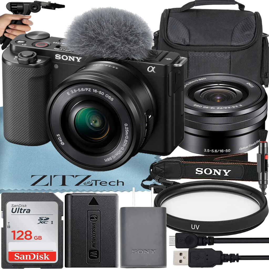 Alpha ZV-E10 Mirrorless Vlog Camera With 16-50mm Lens + 128GB Memory Card + Tripod + Case + ZeeTech Accessory Bundle (Black)