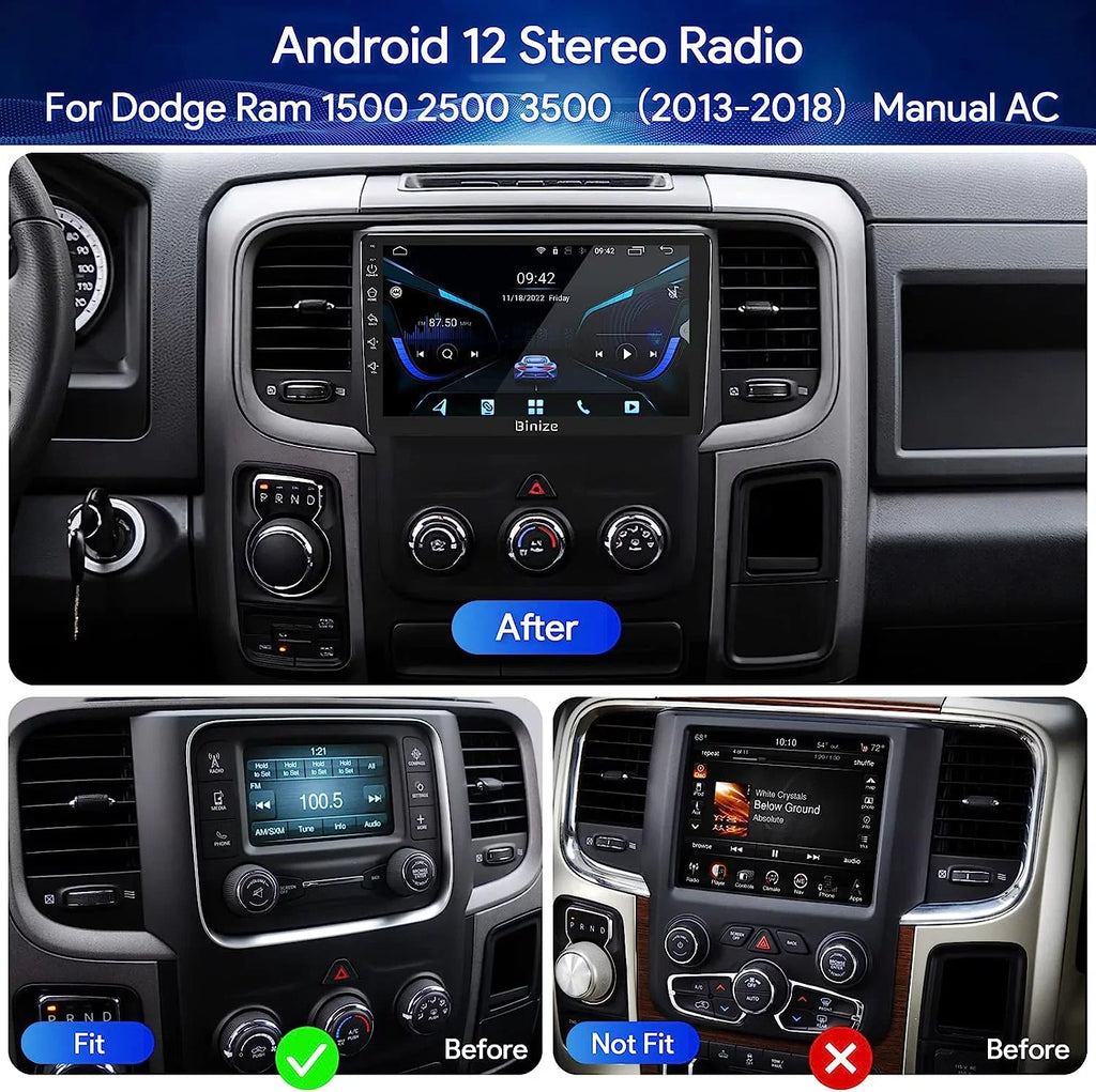 Binize Android 12 Double Din Car Stereo for Dodge Ram 1500 2500 3500 Radio 2013-2018, 9" in-Dash Navigation GPS Unit with Wireless CarPlay/Android Auto/AM/FM/Backup Camera/DSP/SWC/BT/WiFi/2+32GB