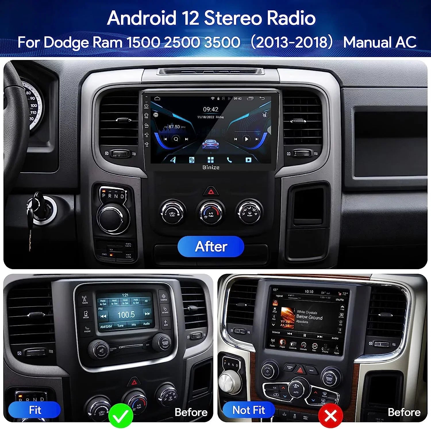 Binize Android 12 Double Din Car Stereo for Dodge Ram 1500 2500 3500 Radio 2013-2018, 9" in-Dash Navigation GPS Unit with Wireless CarPlay/Android Auto/AM/FM/Backup Camera/DSP/SWC/BT/WiFi/2+32GB