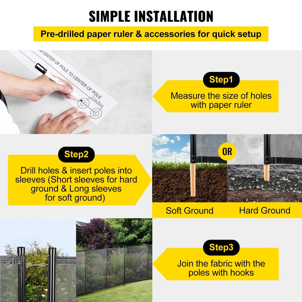 SKYSHALO Pool Fencing Mesh, 4 x 12 ft Swimming Pool Fence, 1000D PVC Fabric Removable Pool Fence with Aluminum Poles and Foot Tubes, Breathable Pool Fences for Inground Pools for Security and Privacy
