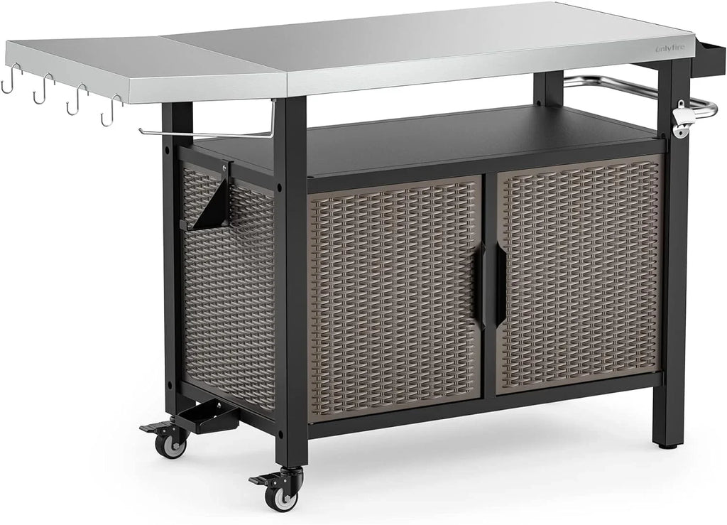 SUSIMOND 53-Inch Dining Cart Table Storage Cabinet with XL Stainless Steel Countertop, Rolling Kitchen Island Worktable with Side Shelf and Wheels for Indoor Outdoor