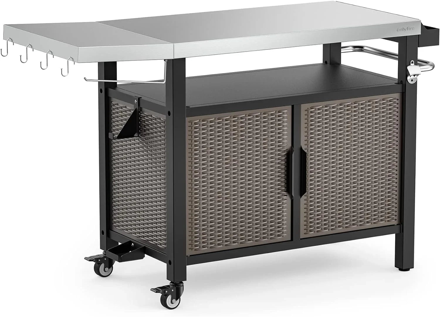 SUSIMOND 53-Inch Dining Cart Table Storage Cabinet with XL Stainless Steel Countertop, Rolling Kitchen Island Worktable with Side Shelf and Wheels for Indoor Outdoor