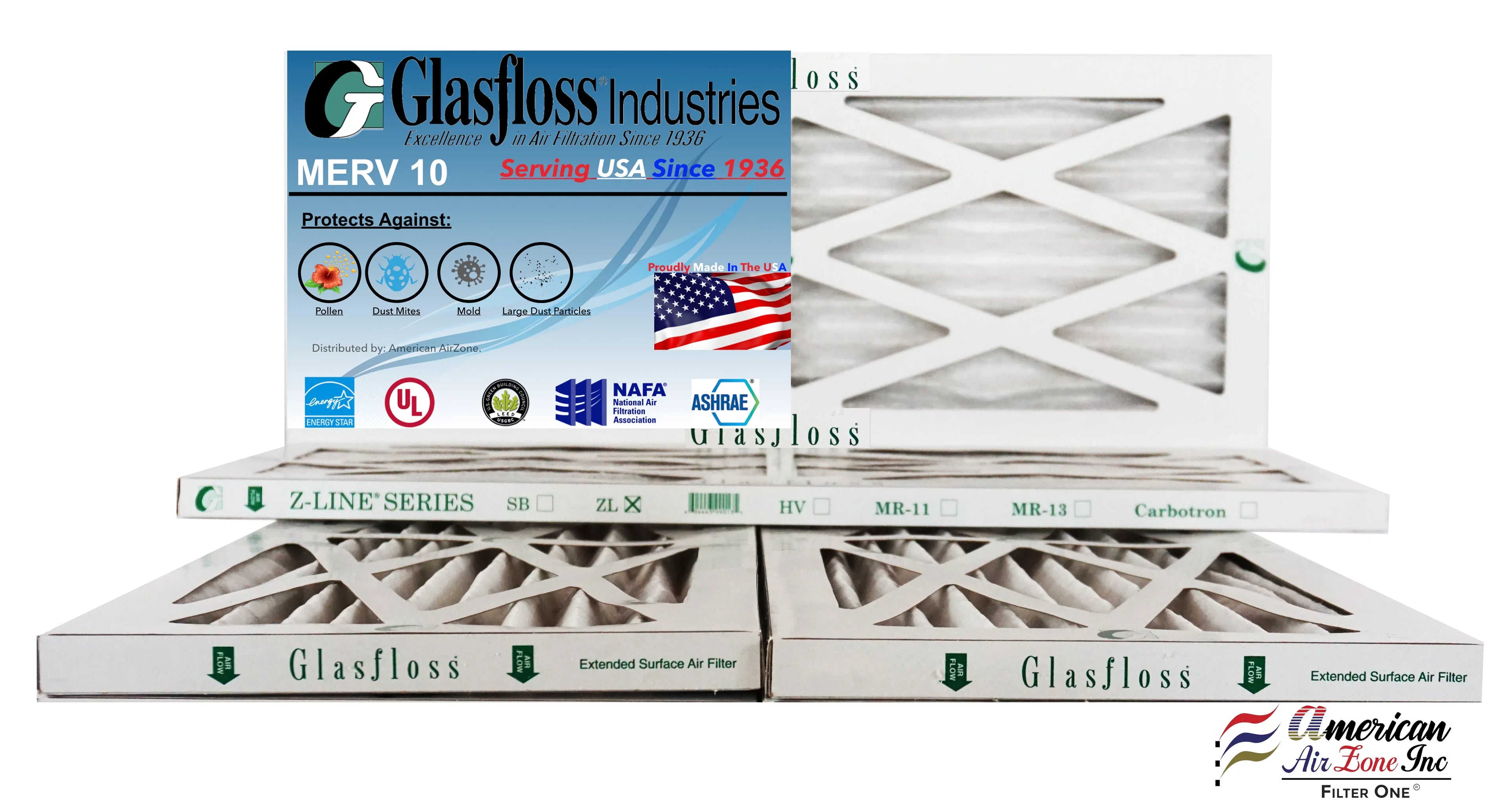 Glasfloss 8x16x1 - MERV 10 -Qty:4 - Furnace Air Filter - Made in USA (Actual Size: 7.5 x 15.5x7/8 inch)