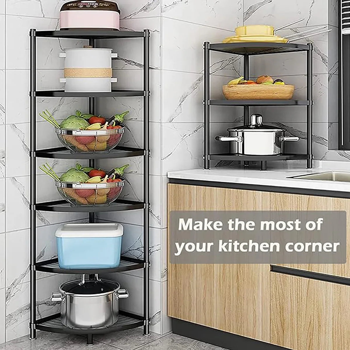 tonchean 6-Tier Carbon Steel Kitchen Corner Shelf Rack Free Standing Pot Rack Storage Organizer