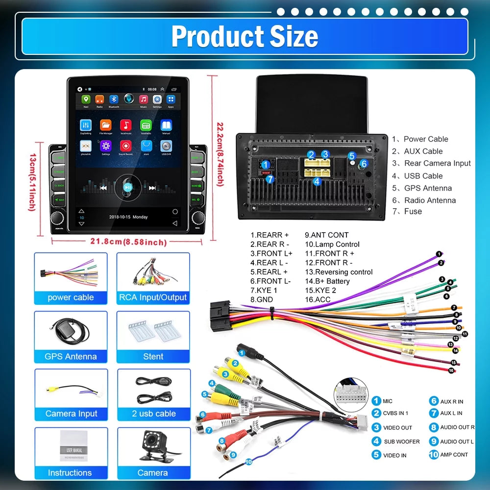 Podofo Double 2 Din 9.7 inch Vertical Touch Monitor Car Stereo Radio Android 12 Mirror Link GPS Navi Bluetooth Wifi GPS FM USB with Backup Camera