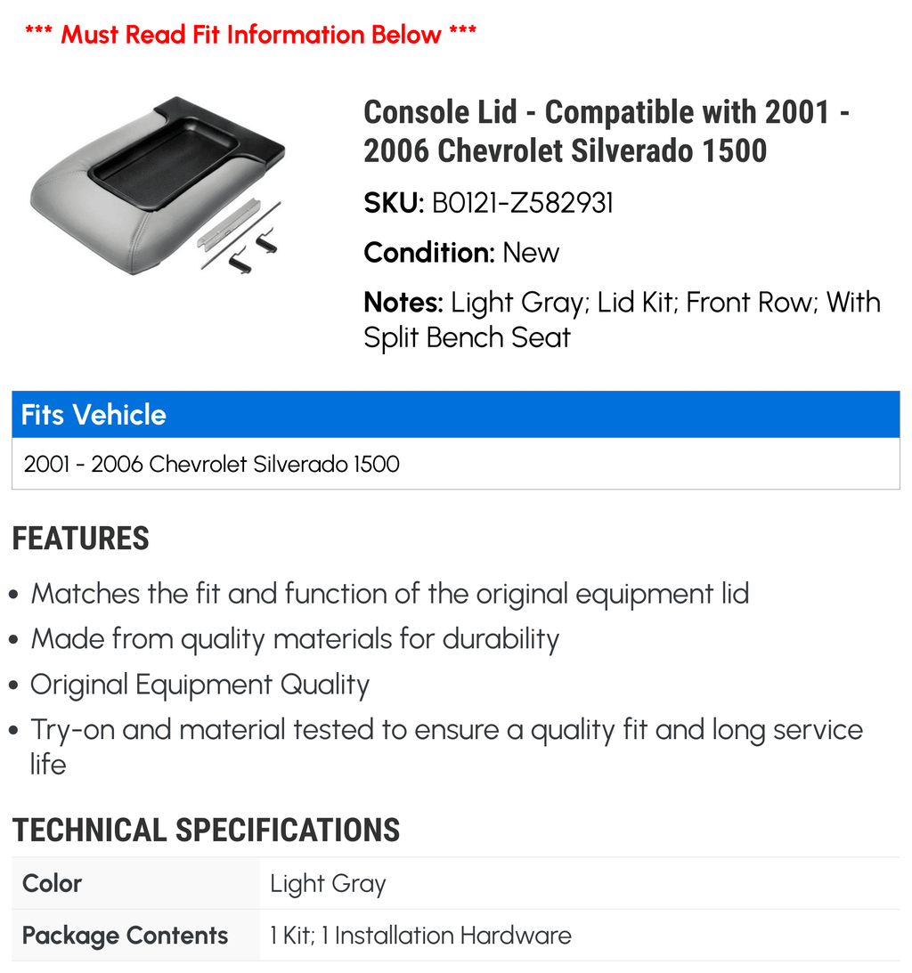 Console Lid - Compatible with 2001 - 2006 Chevy Silverado 1500 2002 2003 2004 2005