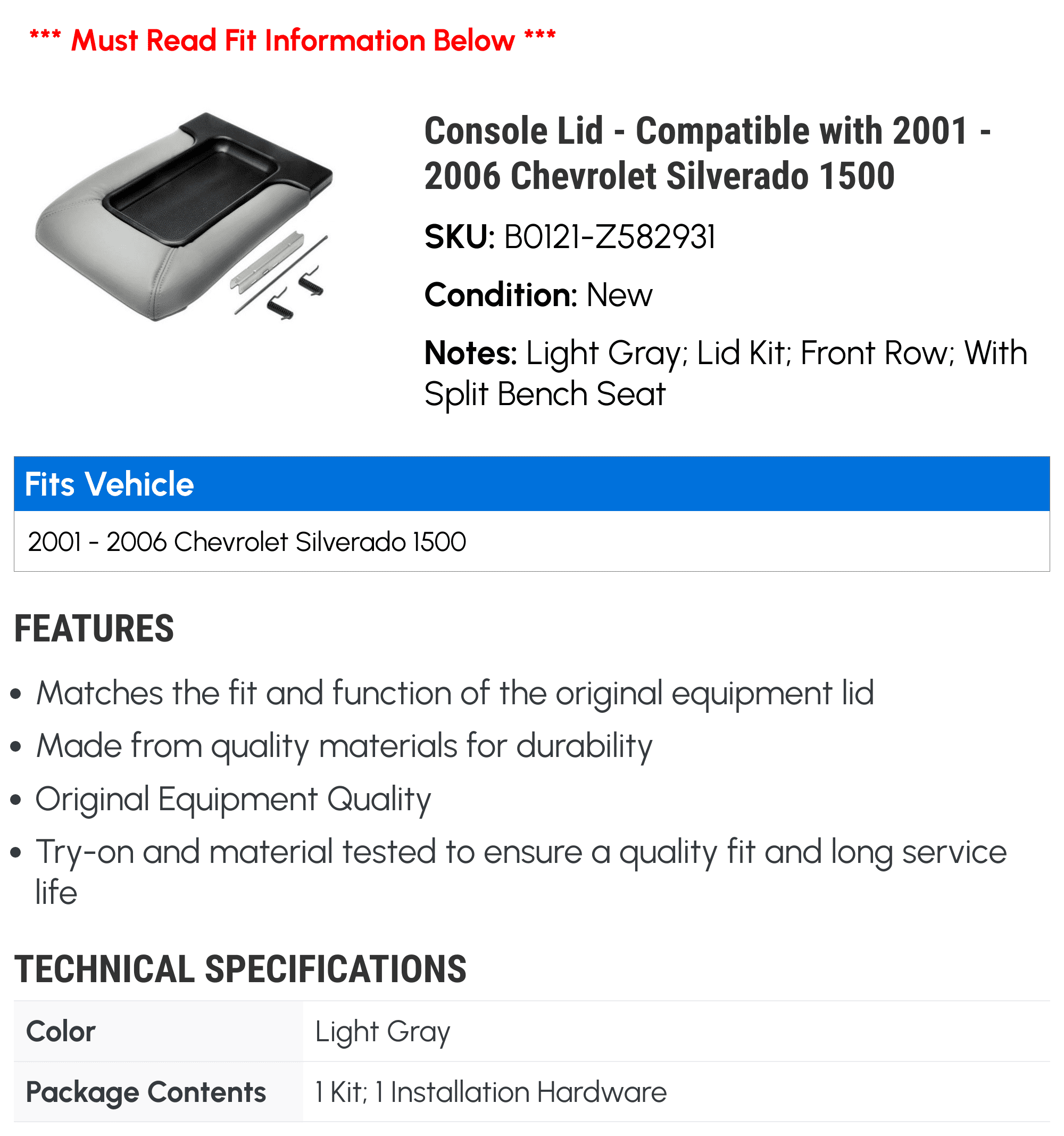 Console Lid - Compatible with 2001 - 2006 Chevy Silverado 1500 2002 2003 2004 2005