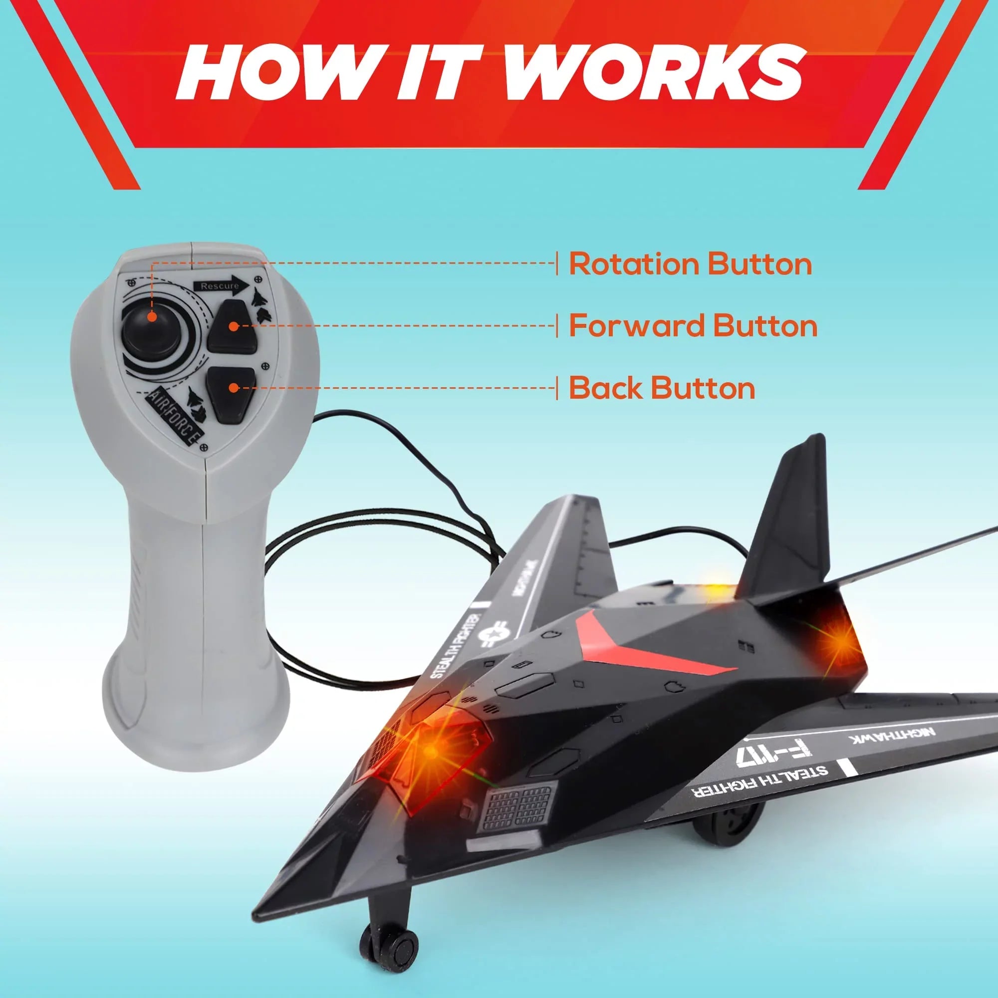 Playkidiz Wired Remote Control Plane, with Lights & Sounds Stealth Fighter Airplane Toy with 43" Wire, Ages 3+, Perfect for Toddlers