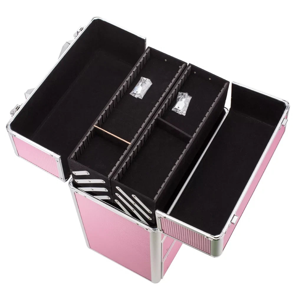 4 Tier Lockable Rolling Cosmetic Makeup Train Cases, Pink Wheels Rolling Cosmetic Case for Women, Cosmetic Organizer Makeup Case with Extendable Trays, WRWQ852
