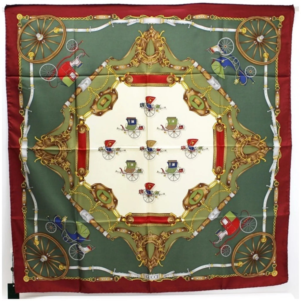 Pre-Owned Gucci silk scarf muffler green x wine red carriage pattern GUCCI ladies (Like New)