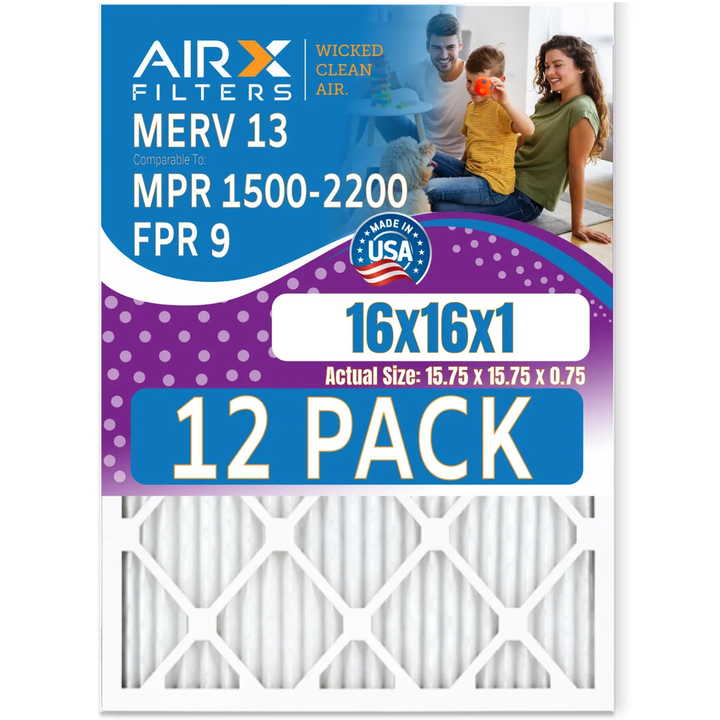 16x16x1 Air Filter MERV 13 Rating, 12 Pack of Furnace Filters Comparable to MPR 1500 - 2200 & FPR 9 - Made in USA by AIRX FILTERS WICKED CLEAN AIR.
